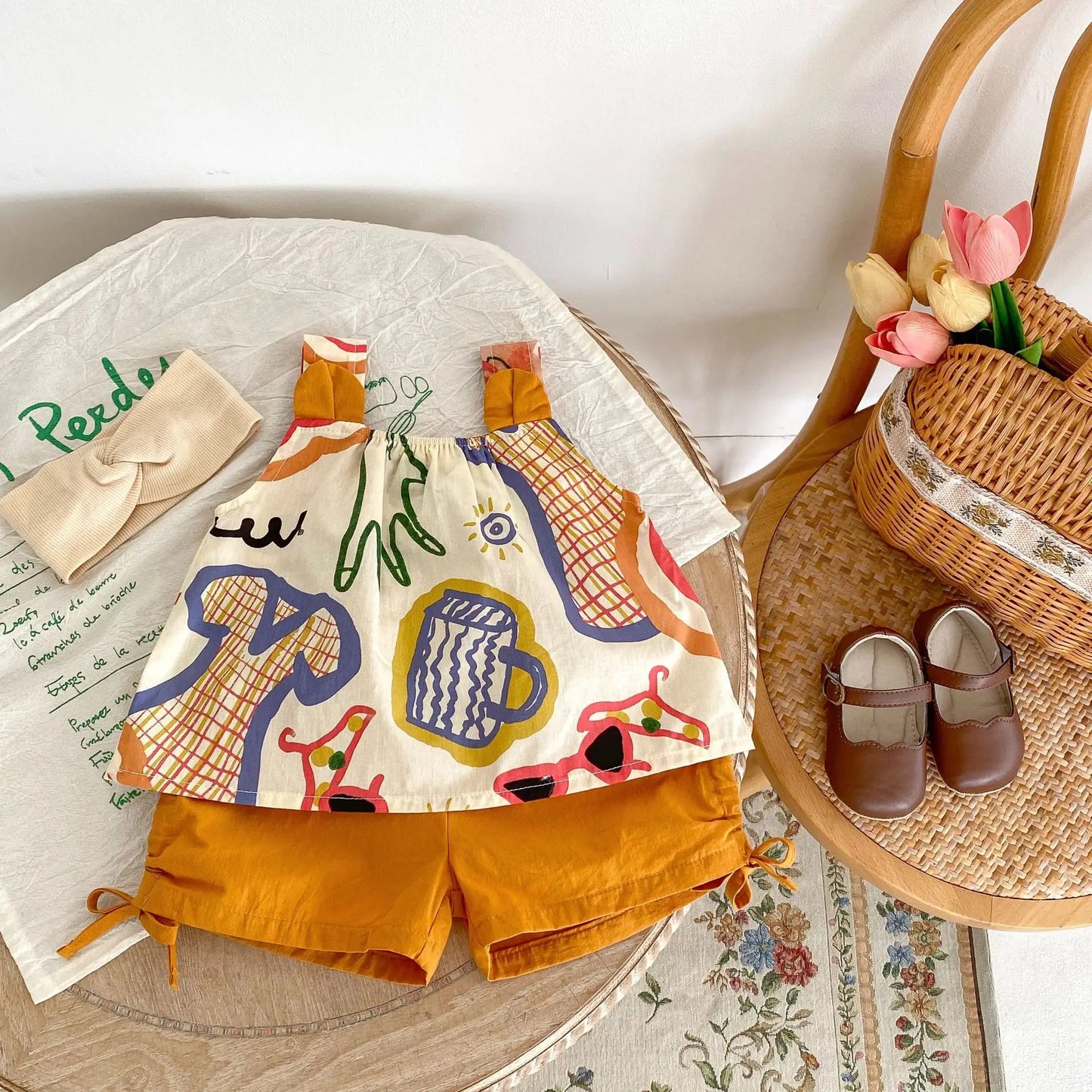 -ベビーセットアップ 2点セット ノースリーブプリントチュニックブラウス+サイドリボンショートパンツ【mh0006096】 - mamahalo shop - ノースリーブセットアップ -  べビー服 - 子供服 - 男の子 - 女の子