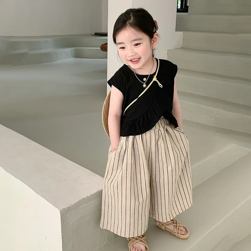 -キッズセットアップ 2点セット ノースリーブトップス+ストライプワイドルーズガウチョパンツ【mh0005789】 - mamahalo shop - ノースリーブセットアップ -  べビー服 - 子供服 - 男の子 - 女の子