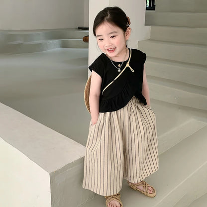 -キッズセットアップ 2点セット ノースリーブトップス+ストライプワイドルーズガウチョパンツ【mh0005789】 - mamahalo shop - ノースリーブセットアップ -  べビー服 - 子供服 - 男の子 - 女の子