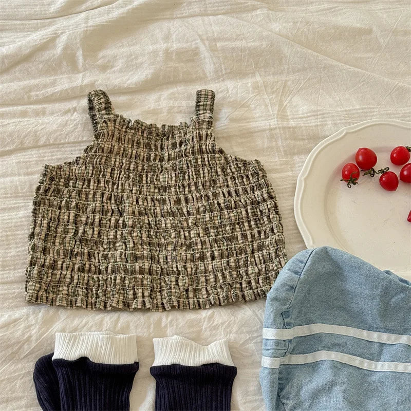 -キッズトップス プリーツ シャーリング キャミソール ブラウス チェック 2カラー - mamahalo shop - タンクトップ・キャミソール・ノースリーブトップス -  べビー服 - 子供服 - 男の子 - 女の子