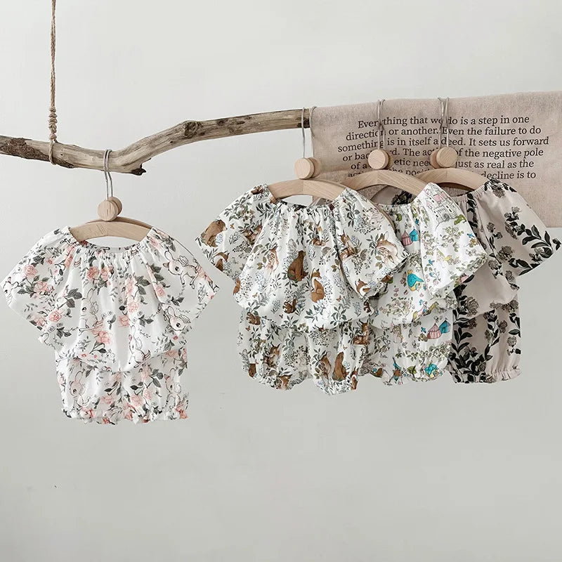 -キッズセットアップ 2点セット ダブルガーゼ 半袖スモックブラウス+バルーンショートパンツ ボタニカルプリント ルームウェア 4カラー【mh0004895】 - mamahalo shop - 半袖セットアップ -  べビー服 - 子供服 - 男の子 - 女の子