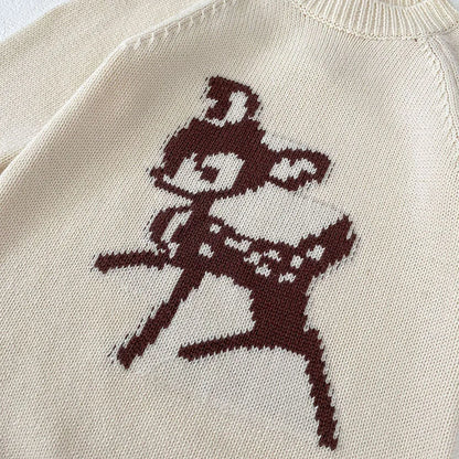 -ベビーロンパース 長袖ニットボディスーツ 鹿バンビ柄 耳付きニット帽 ボンネット - mamahalo shop - 長袖ロンパース -  べビー服 - 子供服 - 男の子 - 女の子