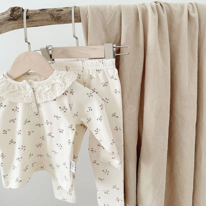 -ベビー長袖パジャマセット 長袖レース襟Tシャツ+ロングパンツ フラワー小花柄プリント - mamahalo shop - 長袖パジャマ -  べビー服 - 子供服 - 男の子 - 女の子