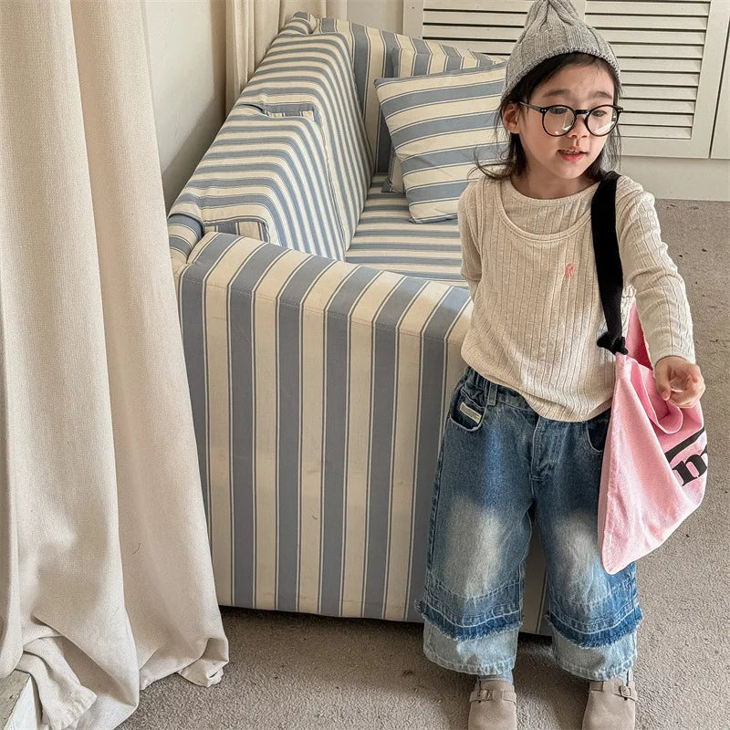 -キッズパンツ デニムパンツ 裾パッチワーク ロングルーズ デザインパンツ ジーンズ ジーパン 2カラー【mh0006578】 - mamahalo shop - デニムパンツ -  べビー服 - 子供服 - 男の子 - 女の子