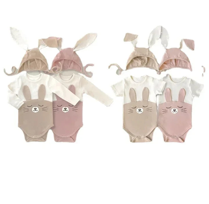 -ベビー うさぎ うさ耳 バニー ドッキング 半袖 ロンパース 耳帽子 セット ピンク アプリコット ユニセックス【mh0001994】 - mamahalo shop - 半袖ロンパース -  べビー服 - 子供服 - 男の子 - 女の子