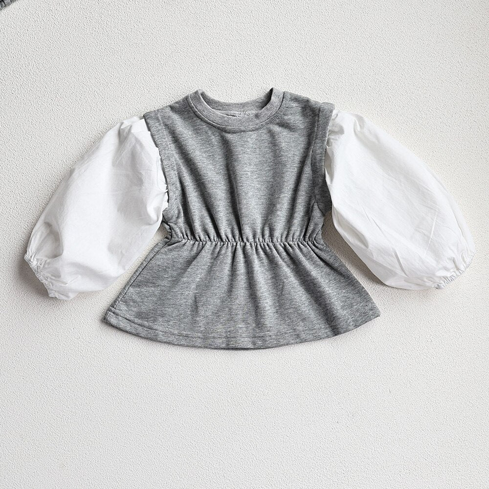 -キッズ セットアップ 長袖 パッチワーク チュニック ブラウス フレア ロングパンツ ブラック グレー ガールズ - mamahalo shop - 長袖セットアップ -  べビー服 - 子供服 - 男の子 - 女の子