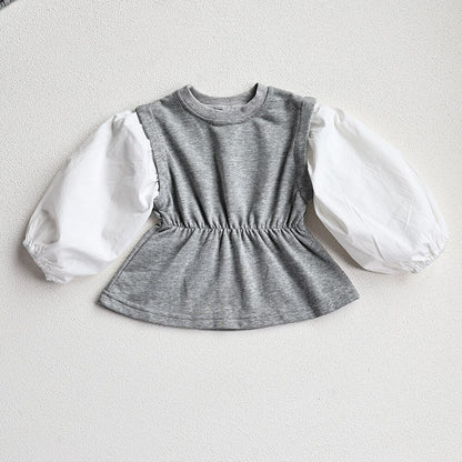 -キッズ セットアップ 長袖 パッチワーク チュニック ブラウス フレア ロングパンツ ブラック グレー ガールズ - mamahalo shop - 長袖セットアップ -  べビー服 - 子供服 - 男の子 - 女の子