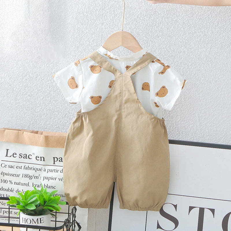 -キッズセットアップ 2点セット 半袖Tシャツ+オーバーオール ベアくま 2カラー【mh0006526】 - mamahalo shop - 半袖セットアップ -  べビー服 - 子供服 - 男の子 - 女の子