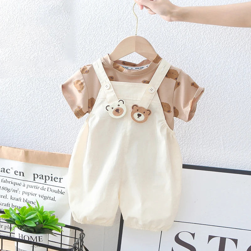 -キッズセットアップ 2点セット 半袖Tシャツ+オーバーオール ベアくま 2カラー【mh0006526】 - mamahalo shop - 半袖セットアップ -  べビー服 - 子供服 - 男の子 - 女の子