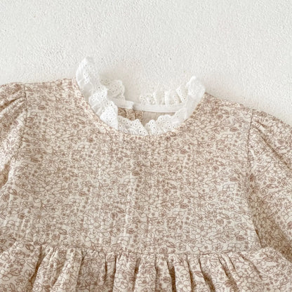 -ベビーロンパース ダブルフリルペプラムフラワプリント長袖パフスリーブボディスーツ - mamahalo shop - 長袖ロンパース -  べビー服 - 子供服 - 男の子 - 女の子