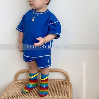 -キッズセットアップ 2点セット 半袖Tシャツ+ショートパンツ ステッチアクセント シンプルベーシック【mh0005669】 - mamahalo shop - 半袖セットアップ -  べビー服 - 子供服 - 男の子 - 女の子