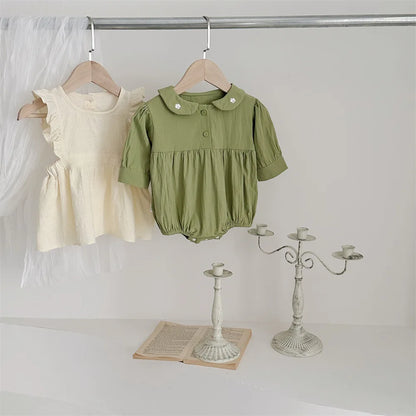 -ベビーロンパース/エプロンドレス フラワー刺繍ワンポイント襟長袖ボディスーツ/フリル重ね着エプロンワンピース - mamahalo shop - ロンパースセットアップ -  べビー服 - 子供服 - 男の子 - 女の子