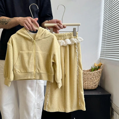 -キッズセットアップ 2点セット フーディジップアップ長袖パーカー+サイドフリルワイドルーズスウェットパンツ 2カラー - mamahalo shop - 長袖セットアップ -  べビー服 - 子供服 - 男の子 - 女の子