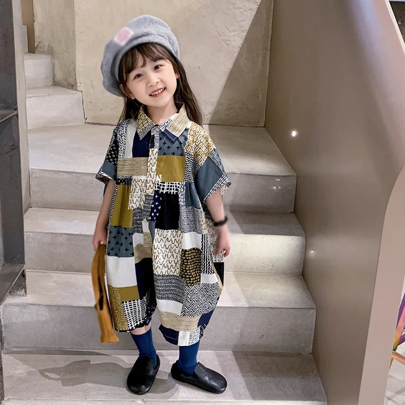 -キッズジャンプスーツ シャツつなぎ チェック パッチワーク ルーズスタイル - mamahalo shop - 半袖ジャンプスーツ -  べビー服 - 子供服 - 男の子 - 女の子