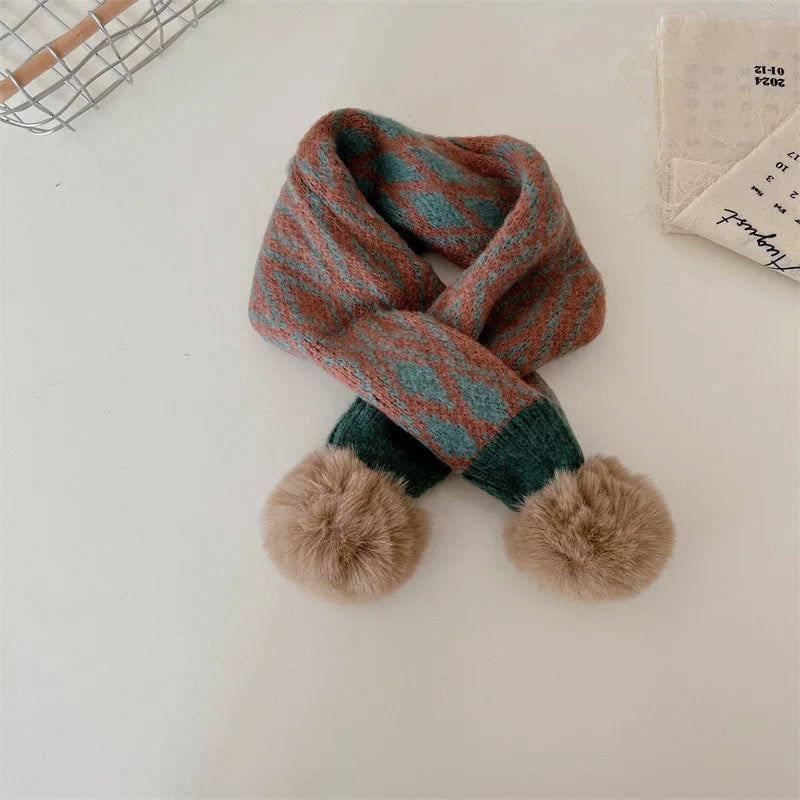 -キッズマフラー ぽんぽん付きネックウォーマー アーガイルチェック ユニセックス 男の子 女の子 子供服【mh0003397】 - mamahalo shop - ネックウォーマー -  べビー服 - 子供服 - 男の子 - 女の子