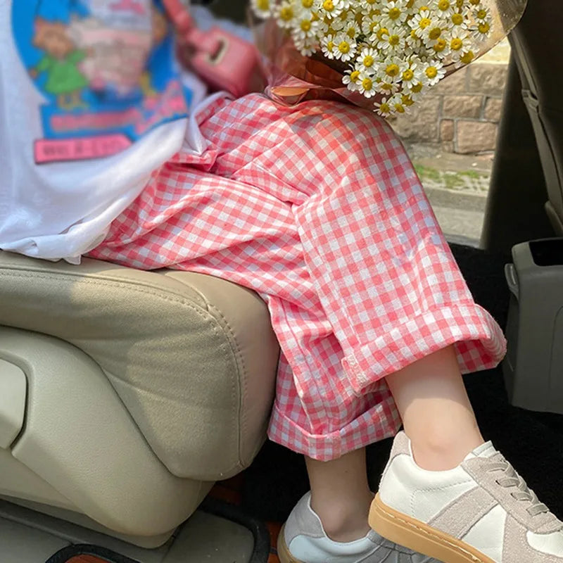 -キッズパンツ ギンガムチェック ロングルーズパンツ ピンク - mamahalo shop - ロングパンツ・スウェットパンツ -  べビー服 - 子供服 - 男の子 - 女の子