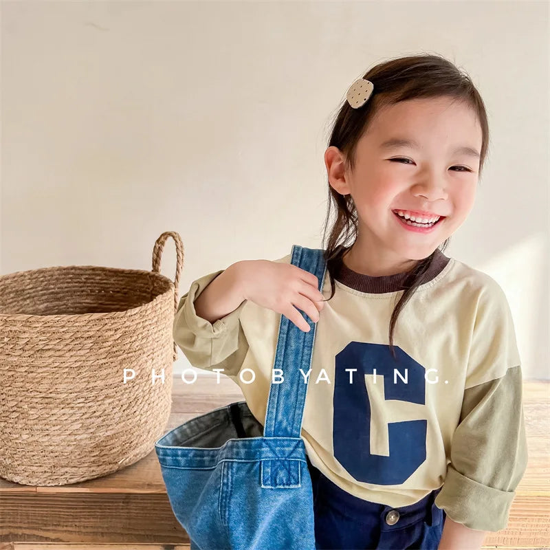 -キッズトップス 長袖Tシャツ パッチワーク レターロゴプリント 2カラー - mamahalo shop - 長袖Tシャツ -  べビー服 - 子供服 - 男の子 - 女の子