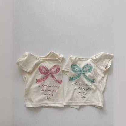 -ベビートップス ショートスリーブTシャツ リボンレターロゴプリント 2カラー【mh0005290】 - mamahalo shop - 半袖Tシャツ -  べビー服 - 子供服 - 男の子 - 女の子