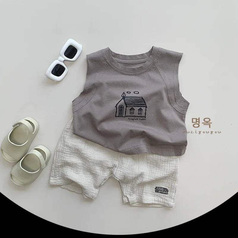 -キッズトップス ノースリーブTシャツ タンクトップ ハウス家プリント 2カラー【mh0006324】 - mamahalo shop - タンクトップ・キャミソール・ノースリーブトップス -  べビー服 - 子供服 - 男の子 - 女の子