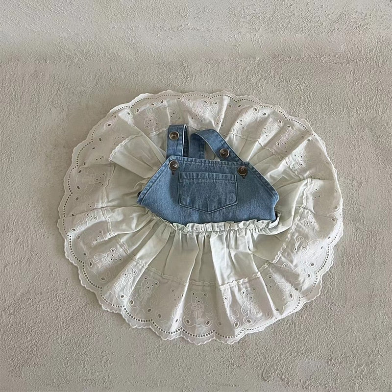 -ベビー デニム レース ドッキング サスペンダー ワンピース ガールズ - mamahalo shop - ノースリーブワンピース -  べビー服 - 子供服 - 男の子 - 女の子