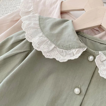 -ベビートップス 長袖ブラウス レースフリル 長袖シャツ ベージュ/グリーン/2カラー - mamahalo shop - 長袖シャツ・ブラウス -  べビー服 - 子供服 - 男の子 - 女の子