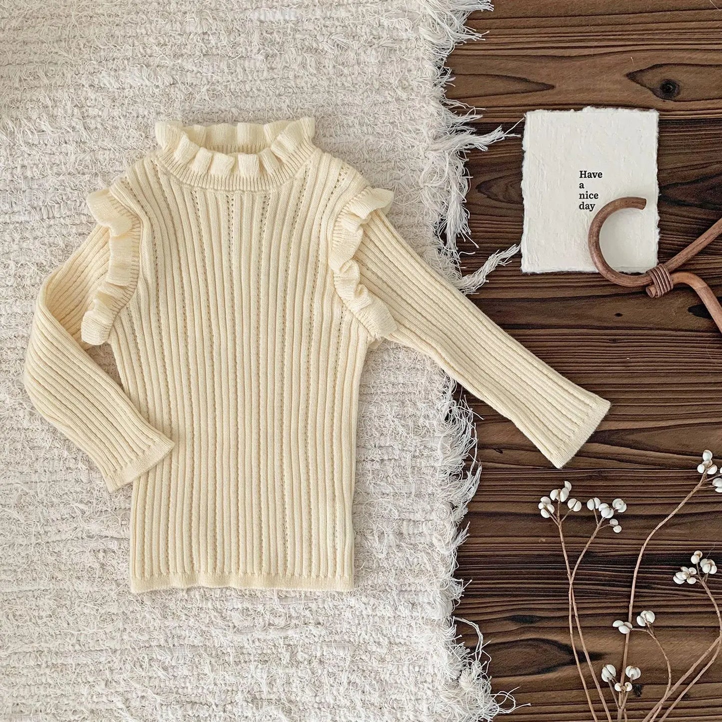 -ベビーキッズトップス フリルショルダースタンドカラーニットカットソーTシャツ 3カラー - mamahalo shop - ニット・セーター -  べビー服 - 子供服 - 男の子 - 女の子