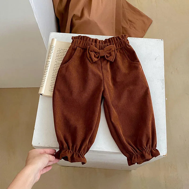 -ベビーセットアップ 2点セット 長袖ブラウス リボンロングパンツ ブラウン - mamahalo shop - 長袖セットアップ -  べビー服 - 子供服 - 男の子 - 女の子