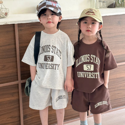 -キッズセットアップ 2点セット 半袖Tシャツ+ショートパンツ レターロゴプリント 2カラー - mamahalo shop - 半袖セットアップ -  べビー服 - 子供服 - 男の子 - 女の子