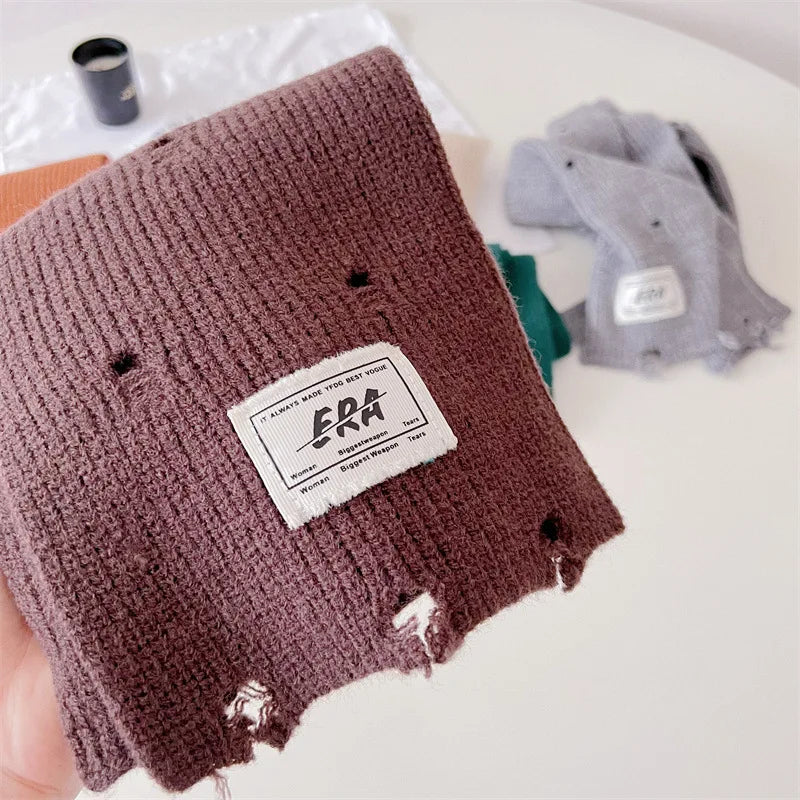 -キッズマフラー ネックウォーマー ニットスカーフ 無地 ダメージ加工 - mamahalo shop - ネックウォーマー -  べビー服 - 子供服 - 男の子 - 女の子