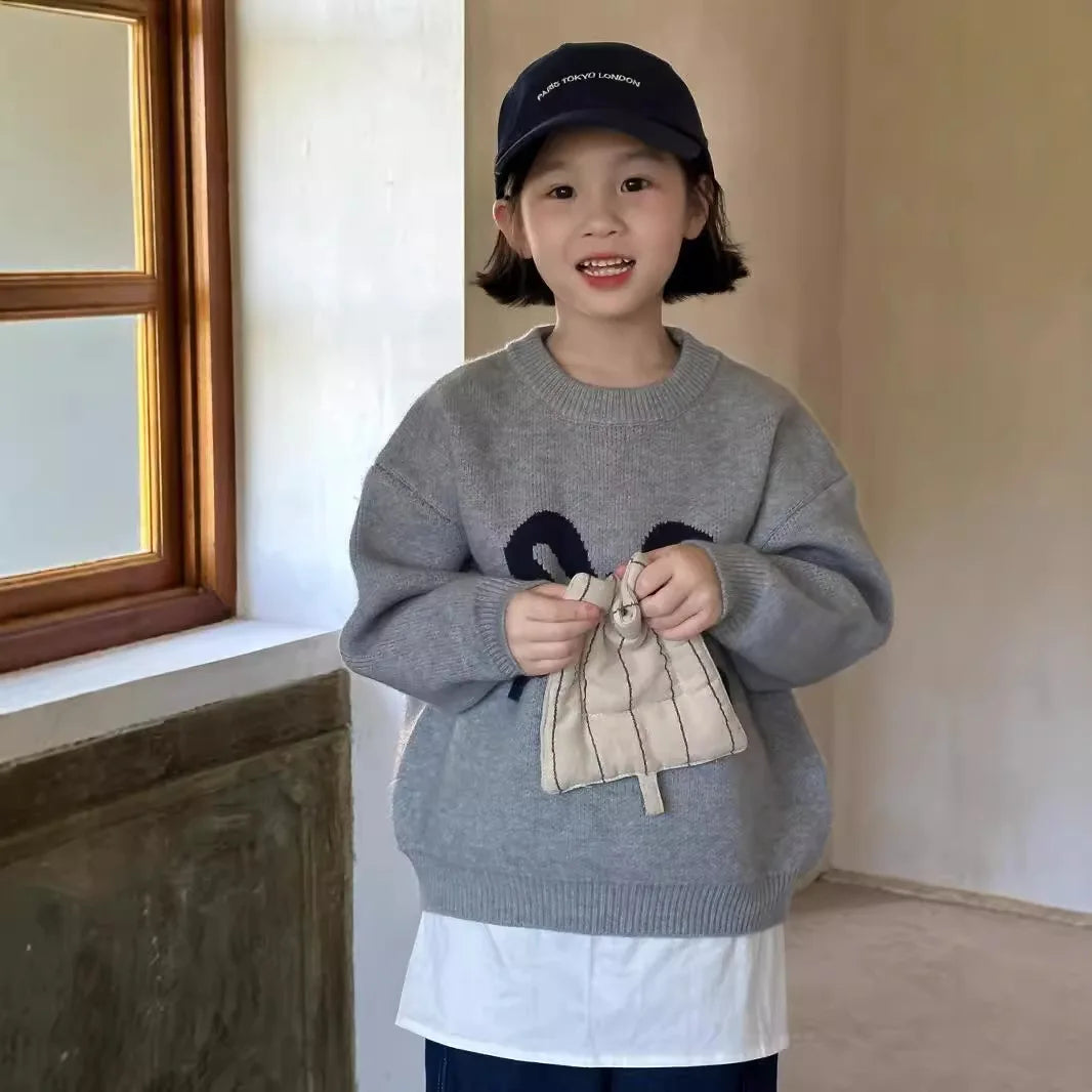 -キッズトップス ビッグリボン長袖ニットセーター グレー - mamahalo shop - ニット・セーター -  べビー服 - 子供服 - 男の子 - 女の子