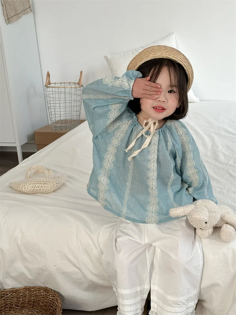 -キッズトップス 長袖スモック チュニックブラウス ストライプ刺繍 長袖シャツ - mamahalo shop - 長袖シャツ・ブラウス -  べビー服 - 子供服 - 男の子 - 女の子