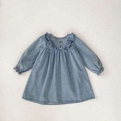 -ベビーロンパース/キッズワンピース フリルデニム長袖ボディスーツ/長袖ワンピース リンクコーデ 姉妹 お揃いコーデ - mamahalo shop - 長袖ワンピース -  べビー服 - 子供服 - 男の子 - 女の子