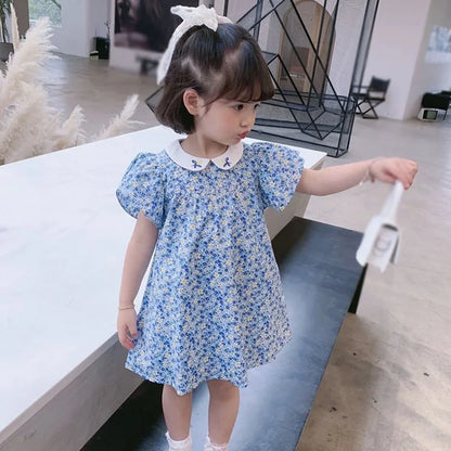 -キッズワンピース 半袖フライングスリーブワンピース 丸襟 フラワー花柄プリント 刺繍 ブルー【mh0006049】 - mamahalo shop - 半袖ワンピース -  べビー服 - 子供服 - 男の子 - 女の子