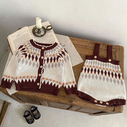 -ベビーカーディガン/ロンパース レトロ幾何学ニットジャケット/サスペンダーニットボディスーツ【mh0006984】 - mamahalo shop - ロンパースセットアップ -  べビー服 - 子供服 - 男の子 - 女の子