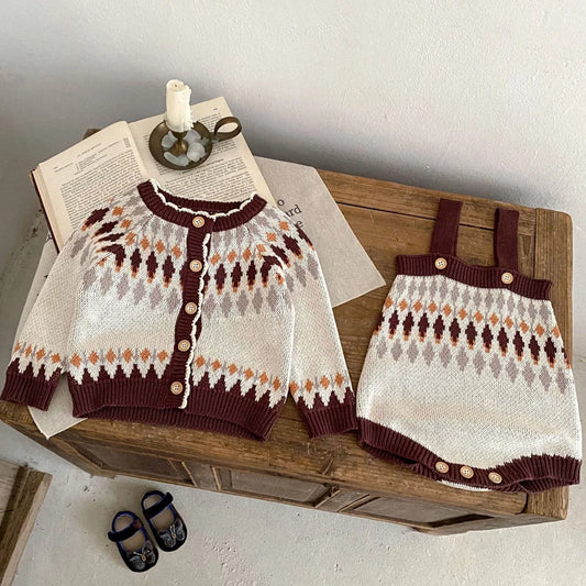 -ベビーカーディガン/ロンパース レトロ幾何学ニットジャケット/サスペンダーニットボディスーツ【mh0006984】 - mamahalo shop - ロンパースセットアップ -  べビー服 - 子供服 - 男の子 - 女の子