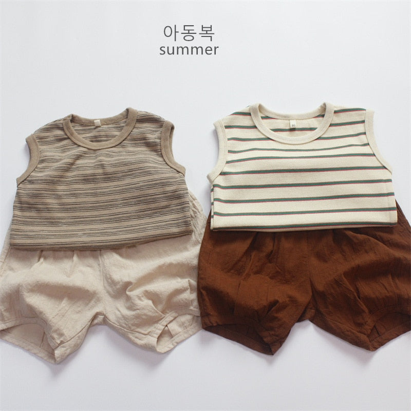 -キッズ ボーダー タンクトップ ノースリーブ Tシャツ ベージュ コーヒーブラウン ユニセックス【mh0001983】 - mamahalo shop - タンクトップ・キャミソール・ノースリーブトップス -  べビー服 - 子供服 - 男の子 - 女の子