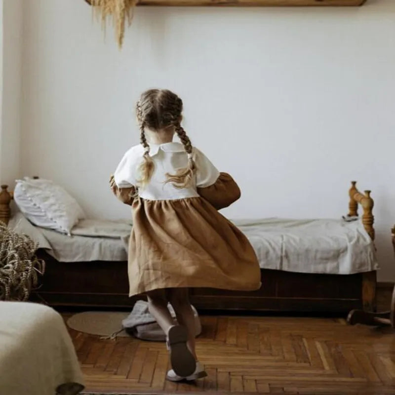 -キッズワンピース 長袖切り替えワンピース 丸襟 ブラウン/グリーン/2カラー - mamahalo shop - 長袖ワンピース -  べビー服 - 子供服 - 男の子 - 女の子