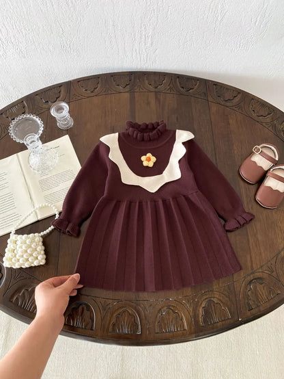 -ベビーキッズワンピース ニットフラワー長袖ワンピース 2カラー - mamahalo shop - 長袖ワンピース -  べビー服 - 子供服 - 男の子 - 女の子