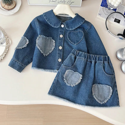 -キッズセットアップ デニムパッチワーク長袖ブラウス+ハートパッチワークスカート【mh0006936】 - mamahalo shop - 長袖セットアップ -  べビー服 - 子供服 - 男の子 - 女の子