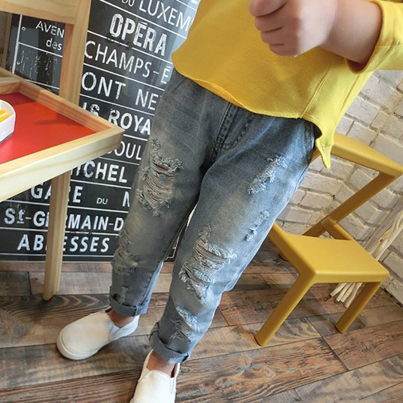 -キッズ ダメージ加工 デニム ルーズ スリム パンツ ジーンズ ジーパン ボーイズ【mh0002532】 - mamahalo shop - デニムパンツ -  べビー服 - 子供服 - 男の子 - 女の子