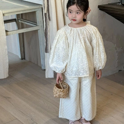 キッズトップス フラワー刺繍長袖パフスリーブブラウス - mamahalo shop - 長袖シャツ・ブラウス -  べビー服 - 子供服 - 男の子 - 女の子