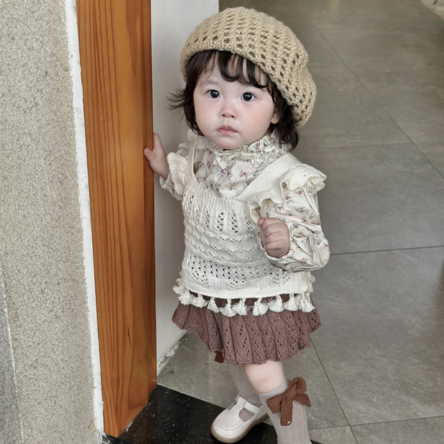 ベビーキッズベスト レースニットフリルショルダー重ね着フリンジベストトップス 2カラー - mamahalo shop - ベスト -  べビー服 - 子供服 - 男の子 - 女の子