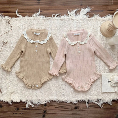 -ベビーロンパース フリル襟長袖ニットボディスーツ 2カラー - mamahalo shop - 長袖ロンパース -  べビー服 - 子供服 - 男の子 - 女の子