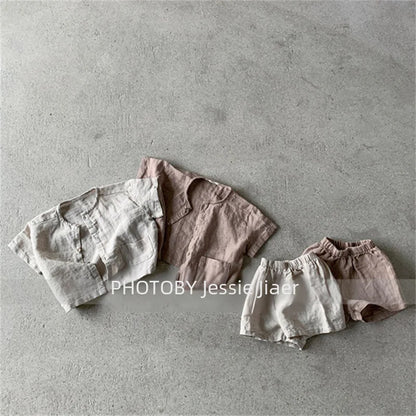 -キッズセットアップ 2点セット 半袖シャツ+ショートパンツ シンプルベーシック 2カラー【mh0006035】 - mamahalo shop - 半袖セットアップ -  べビー服 - 子供服 - 男の子 - 女の子