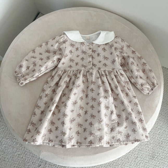 キッズワンピース フラワープリントセーラーカラー長袖ワンピース - mamahalo shop - 長袖ワンピース -  べビー服 - 子供服 - 男の子 - 女の子