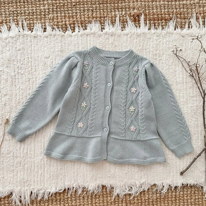 -キッズカーディガン フラワー花柄刺繍ペプラムフリルニットジャケット 2カラー - mamahalo shop - カーディガン・パーカー -  べビー服 - 子供服 - 男の子 - 女の子