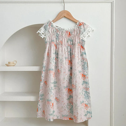 -キッズワンピース 半袖レースフリルスリーブ サマードレス フラワー花柄プリント【mh0005828】 - mamahalo shop - 半袖ワンピース -  べビー服 - 子供服 - 男の子 - 女の子