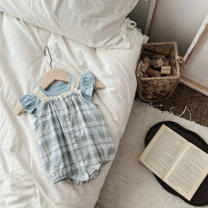 -ベビートップス/ロンパース フリルスリーブTシャツ/チェックサスペンダーボディスーツ【mh0005537】 - mamahalo shop - ノースリーブロンパース -  べビー服 - 子供服 - 男の子 - 女の子