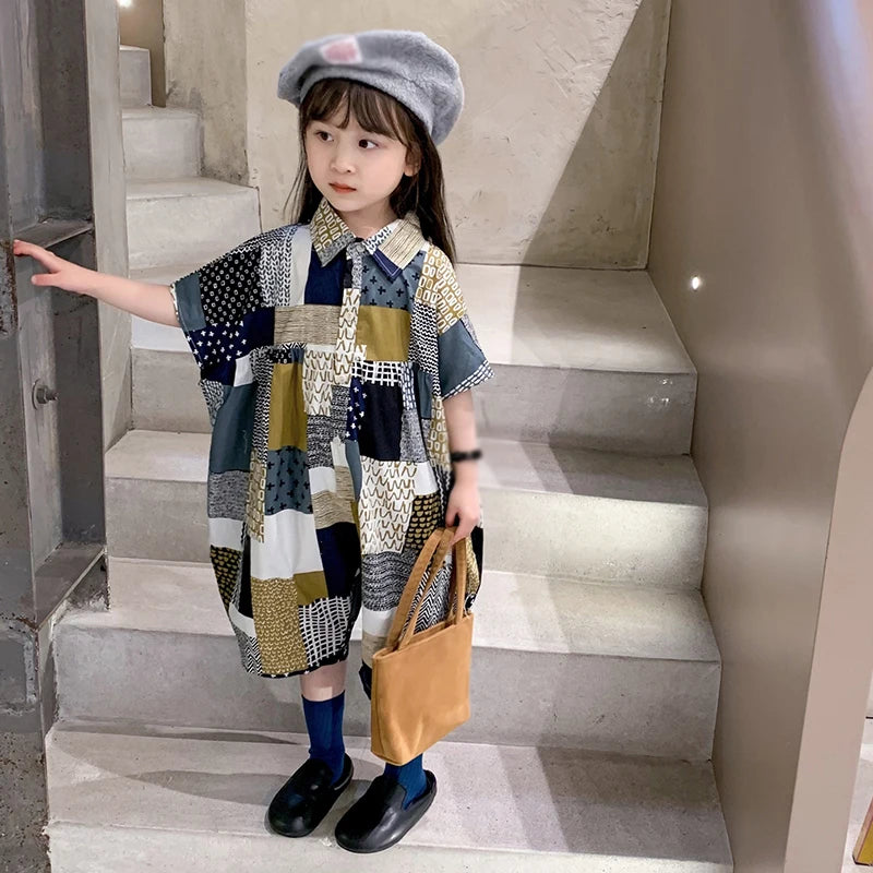 -キッズジャンプスーツ シャツつなぎ チェック パッチワーク ルーズスタイル - mamahalo shop - 半袖ジャンプスーツ -  べビー服 - 子供服 - 男の子 - 女の子