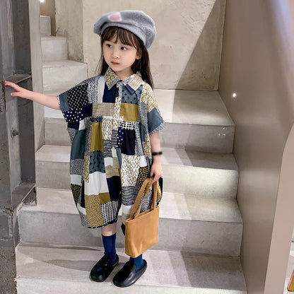 -キッズジャンプスーツ シャツつなぎ チェック パッチワーク ルーズスタイル - mamahalo shop - 半袖ジャンプスーツ -  べビー服 - 子供服 - 男の子 - 女の子